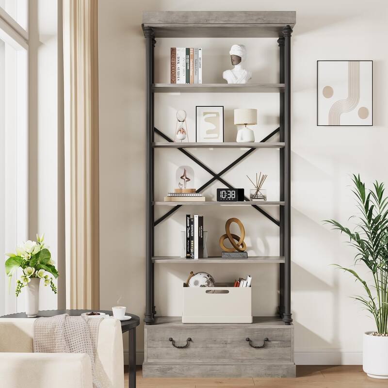 Bookshelf with Drawers,81.29" Tall, 5 - Tier Vintage Bookcase, Metal - Frame Shelf