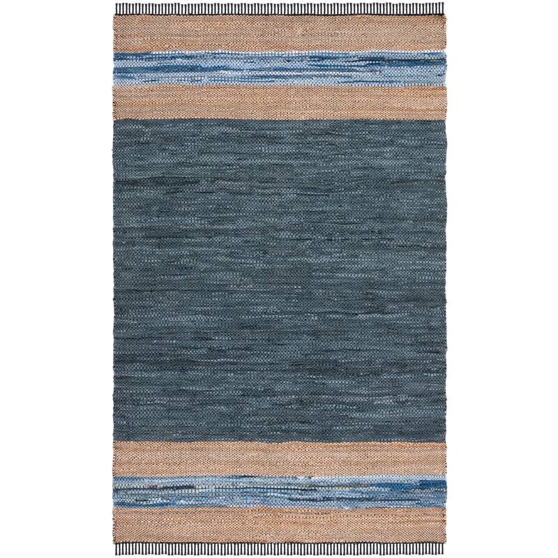 SAFAVIEH Handmade Vintage Leather Alissa Modern Fringe Rug - 4' Square - Blue/Natural