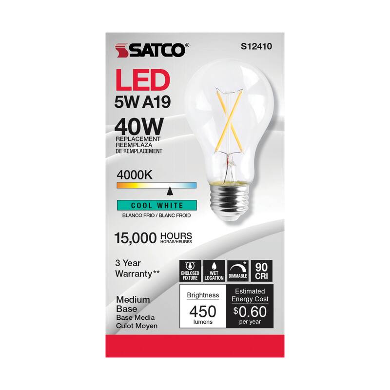 5 Watt LED A19 Clear Medium Base 4000K 90 CRI 120 Volt - N/A