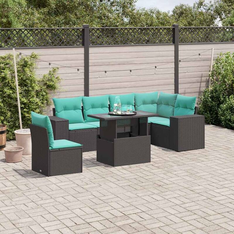vidaXL Patio Sofa Set with Cushions Table and Couches 7 Piece Poly Rattan - 24.4" x 24.4" x 27.2" - Black