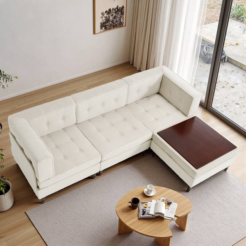 UIXE 4 - Piece Corduroy Sectional Sofa with Flip-Top Storage Ottoman Coffee Table