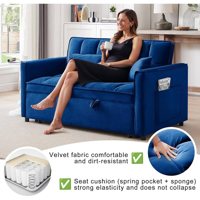 3 in 1 Convertible Sleeper Sofa Bed, Futon Couches for Living Room with Side Pocket, Adjustable Backrest