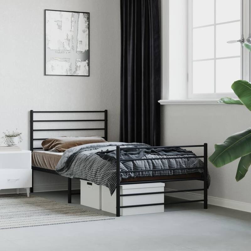 vidaXL Metal Bed Frame with Headboard, No Mattress - Black 2 - Twin