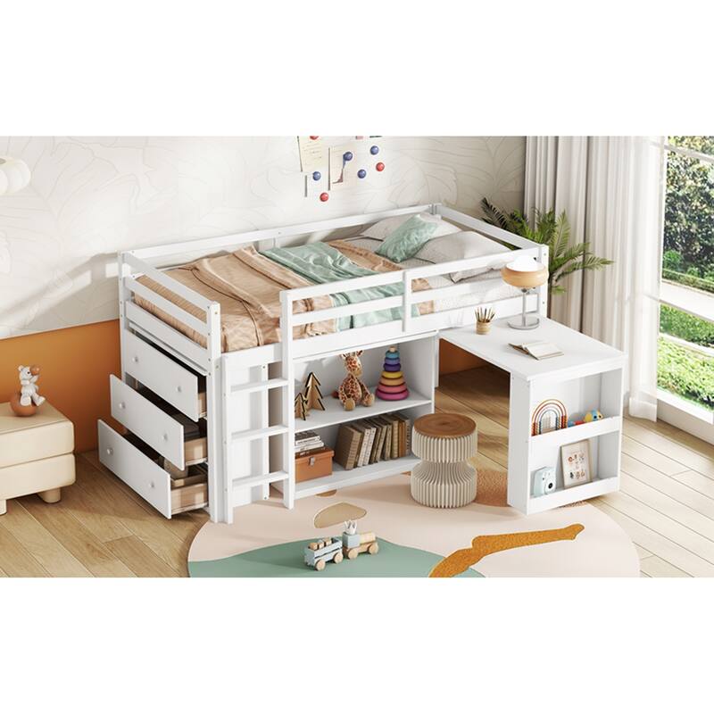 Roomfitters Twin Rubber Wood Loft Bed with Storage Cabinets and Pull-Out Desk, Safety Guardrail and Ladder