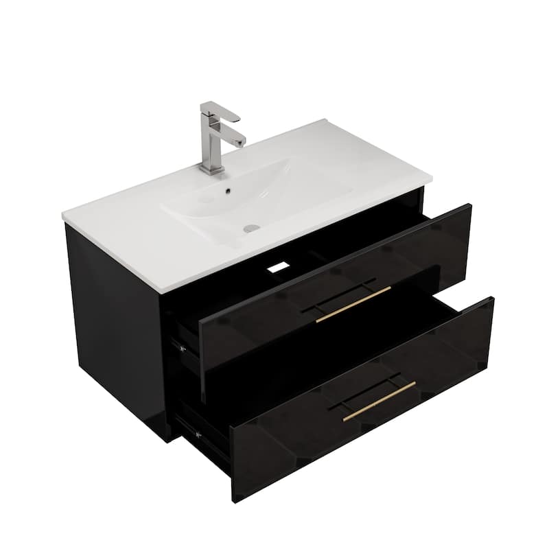 36-Inch Gloss Wall-Mounted Bathroom Vanity with Sink Combo,Double Drawers,Ceramic Sink, Long Gold Metal Handle