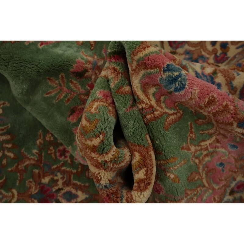 Hand Knotted Oriental 100% Wool Carpet Traditional Floral Green Kerman Area Rug - 11' 9'' X 8' 6''