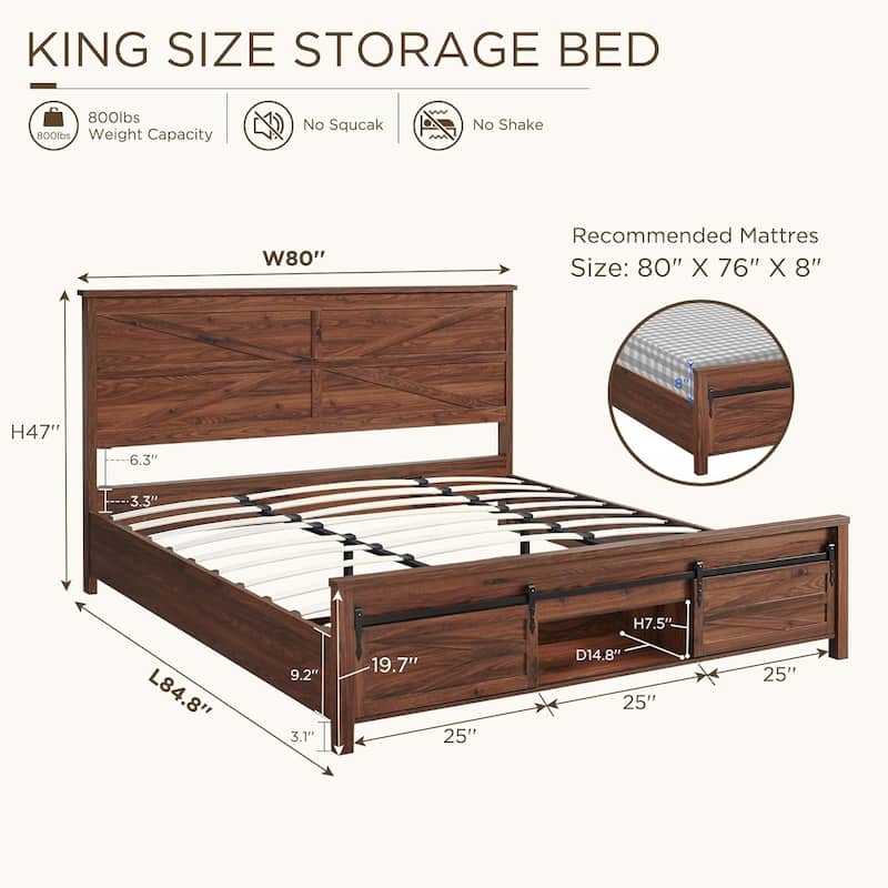 Farmhouse King Size Wood Bed Frame with Sliding Barn Door Storage