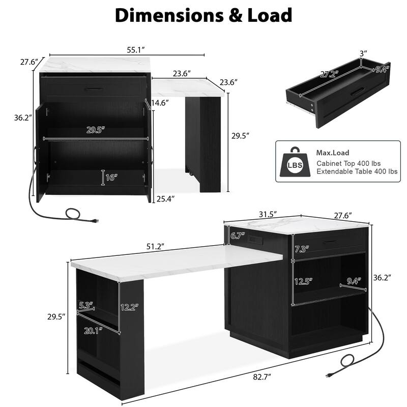 Extendable Kitchen Island with Dining Table for 4-6, Built-in Power Outlet, Storage Shelves & Drawers