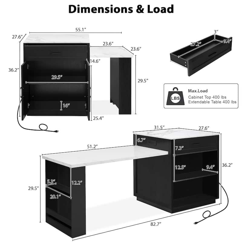 Kitchen Island With Extendable Dining Table For 4-6 Person,Two-tone Kitchen Table with Double-sized Storage,Power Outlet - N/A