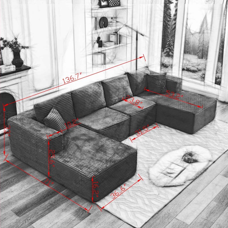 106" Corduroy Upholstery L-Shaped Cloud Modular Sectional Sofa with Chaise and Pillows, All-Foam Compression Design