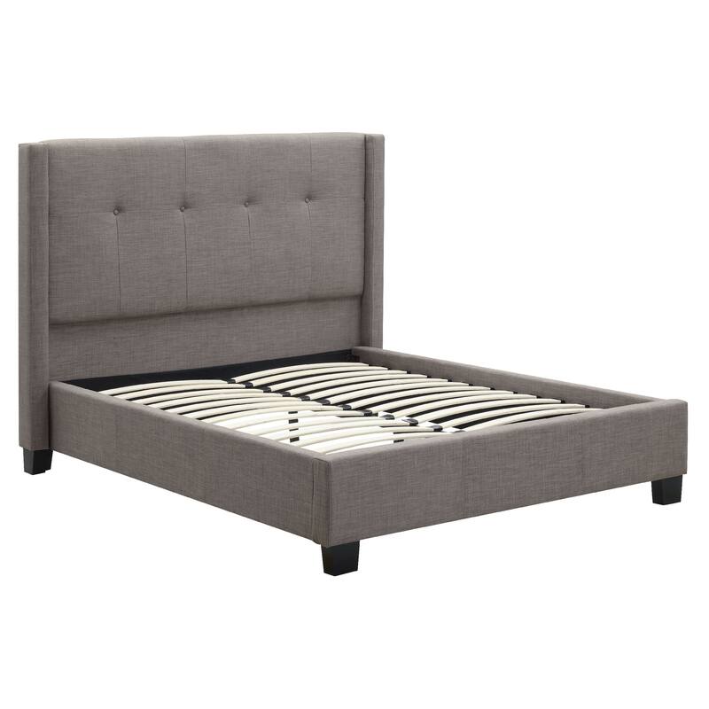 Adams Low Profile California King Bed, Piped Edges, Tufted Linen, Gray