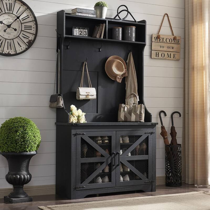 42" Wide Farmhouse Entryway Bench with Coat Rack, Mudroom Cabinet