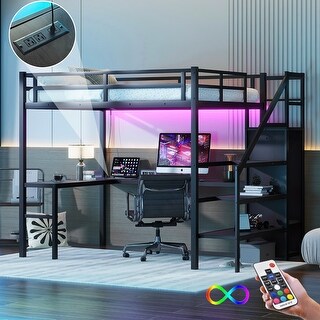 Full Size Metal Loft Bed with L-shaped Desk and USB, Wardrobe and Adjustable Shelf for Kids Teens Adults