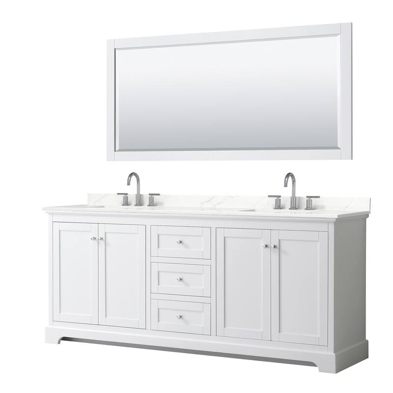 Avery 80-inch Double Vanity, Quartz Top, 70-inch Mirror - White, Chrome Trim, Giotto Quartz Top