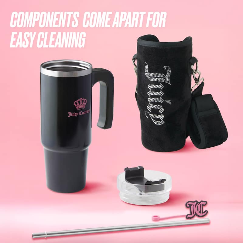 Juicy Couture Jetsetter Hydration Stainless Steel Tumbler with Handle, Straw & Topper with Velour Crossbody Pouch