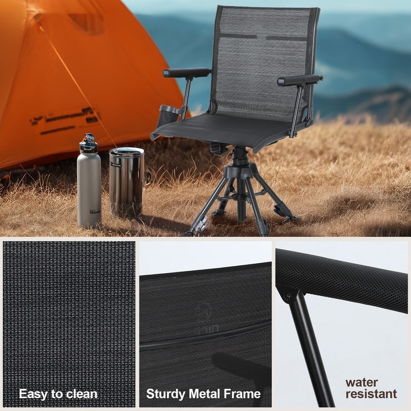 360 Degree Swivel Hunting Chair, Silent Adjustable Blind Seat with Armrests, Cup Holder, No-Sink Feet & Carry Strap
