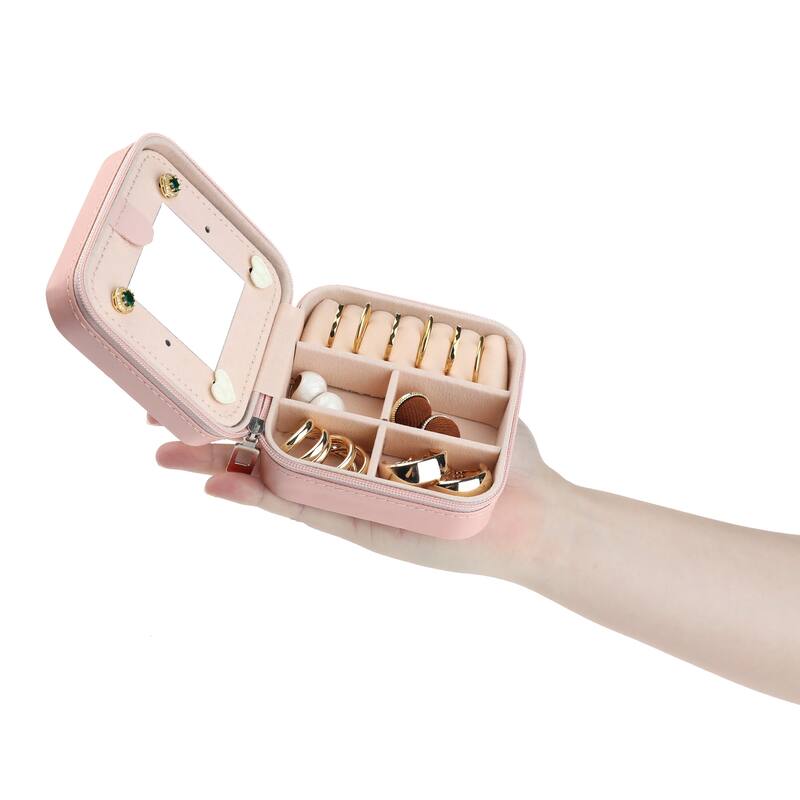 Portable Jewelry Box with Mirror, Mini PU Leather Jewelry Organizer Boxes Storage Display Holder - Pink