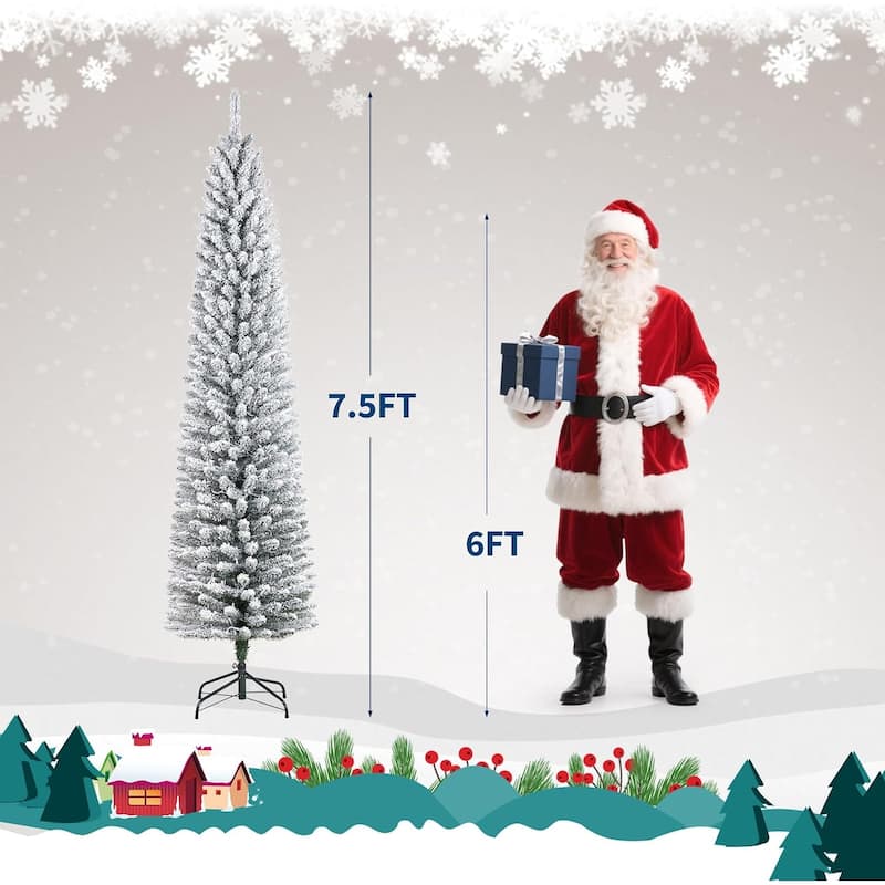 6ft Prelit Flocked Pencil Christmas Tree with Lights, Slim Artificial Xmas Tree with Snowy Branch