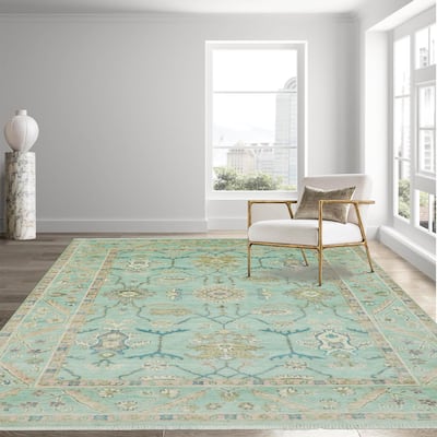 Aqua Traditional Oushak Wool Rug 9x12 Hand Knotted by LoomBloom - 9' x 12' 1''