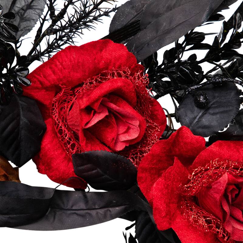 Roses with Mixed Foliage Halloween Wreath - 22" - Red and Gold - Unlit