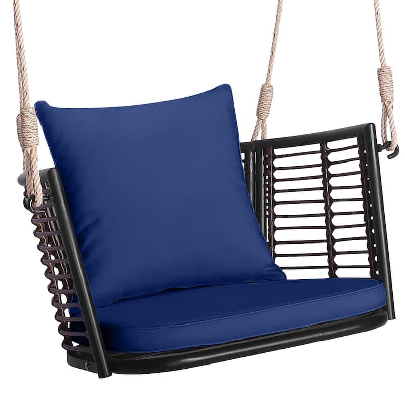 Outdoor Metal Porch Swing Single Person Hanging Seat w Cushions - Blue