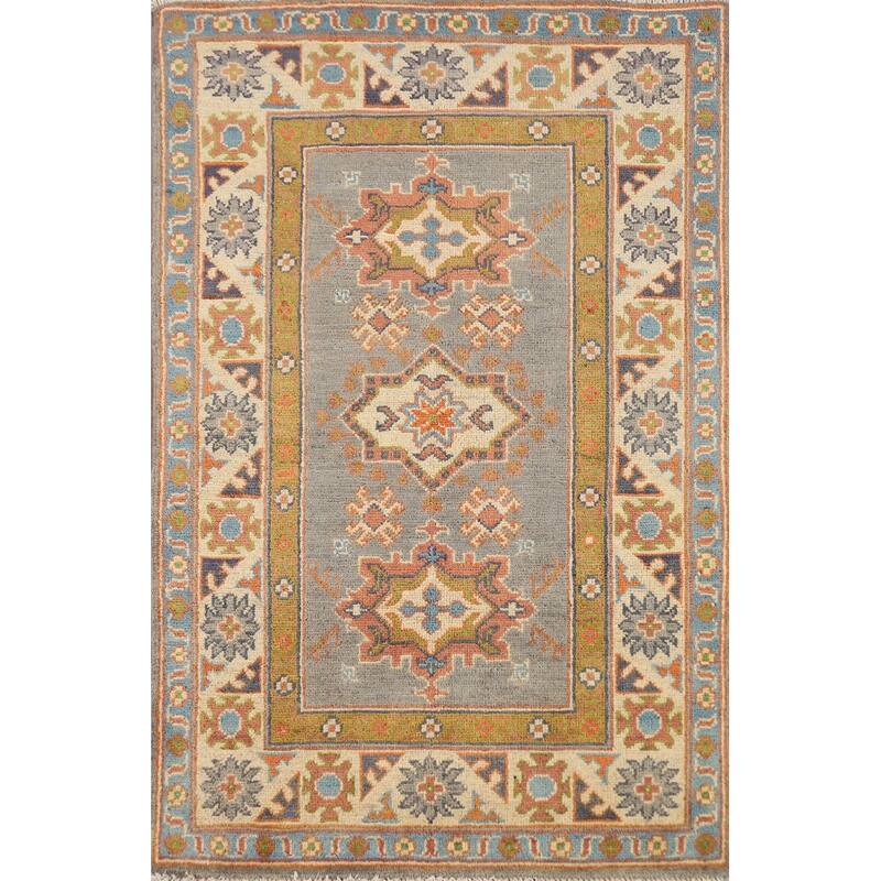 Gray Kazak Foyer Rug Hand-Knotted Traditional Wool Carpet - 2'7"x 4'2"