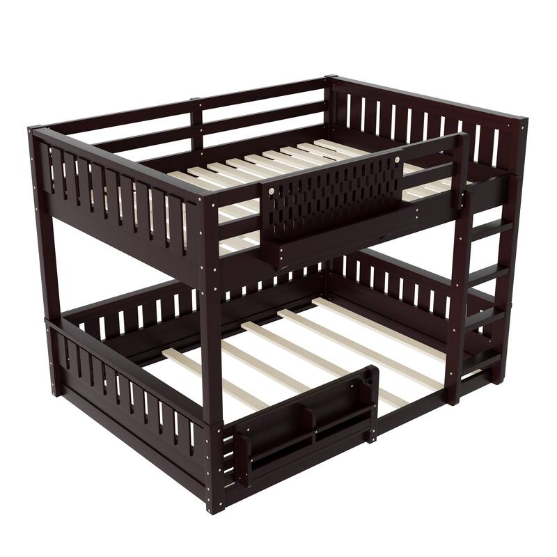 Roomfitters Queen over Queen Bunk Bed with Bookshelf and Pegboard, Solid Wood Split Frame