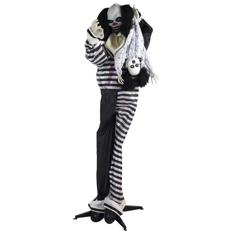 Life-Size Animatronic Talking Clown with Doll with Lights and Sound, Indoor or Covered Outdoor Halloween Decoration