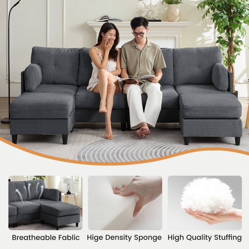 Mixoy W89inch U-Shaped Corduroy Sectional Sofa with Reversible Ottoman,Upholstered 4-Seater Sofa