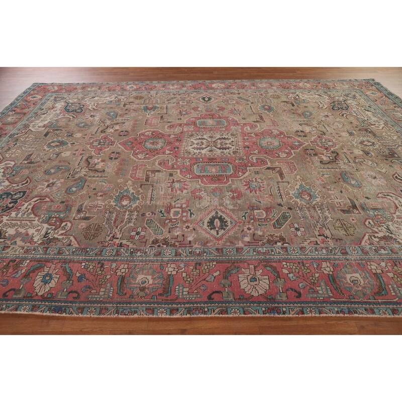 Brown Distressed Tabriz Persian Antique Area Rug Handmade Wool Carpet - 9'2" x 12'10"
