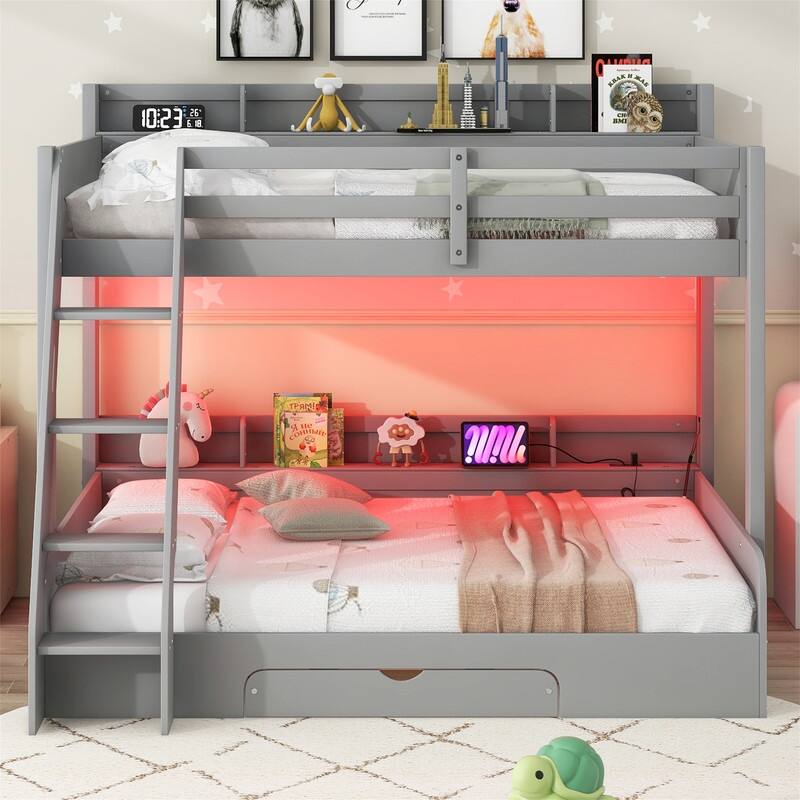 Twin over Full Bunk Bed with Storage Shelves, LED Light and a Drawer, Solid Wood Bunk Bedframe with USB Charging Station