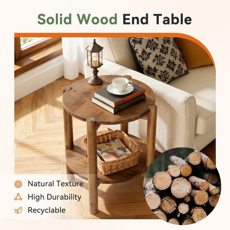 Solid Wood Round End Tables for Living Room, Farmhouse 2-tier Side Table - 19.69" D x 19.69" W x 23.62" H