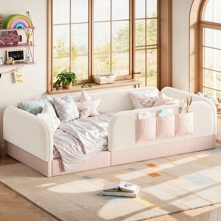 Twin/Full/Queen Teddy Fleece Floor Bed with Upholstered Safety Rails and Pocket