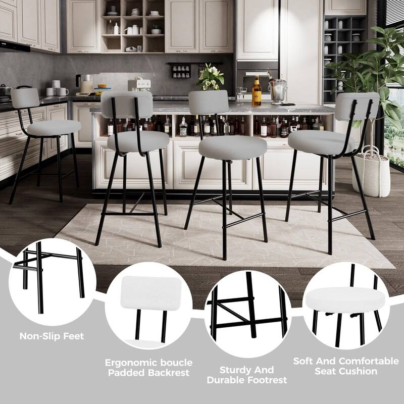 Boucle Upholstered Bar Stools Set of 2, Modern Counter Height Bar Chairs with High Back, Footrest and Metal Leg