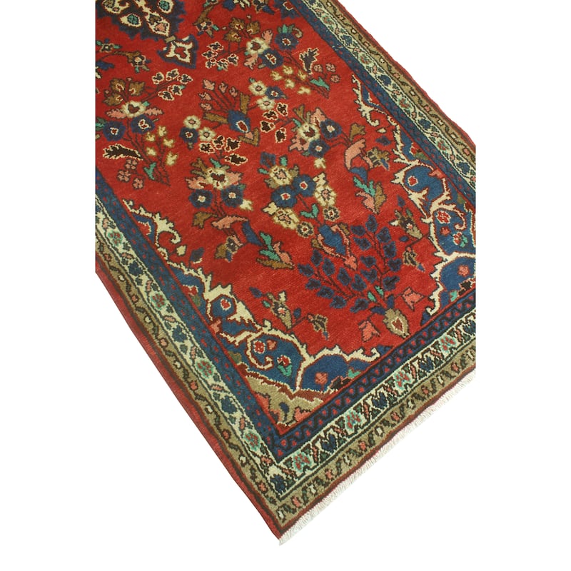 Fine Vintage Distressed Alger Red/Blue Runner - 3'5" x 10'0"
