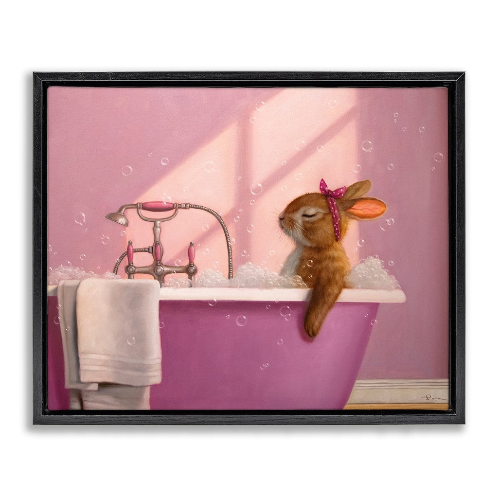 Stupell Bunny in Pink Relaxing Bath Framed Floater Canvas Wall Art Design By Lucia Heffernan