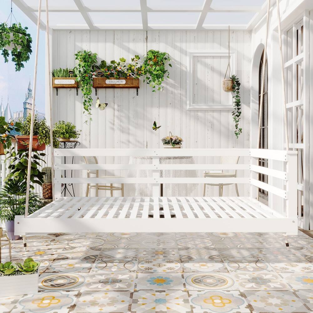 Roomfitters Vintage Wooden Porch Swing Daybed with 4pcs 96" Hemp Ropes for Backyard or Patio