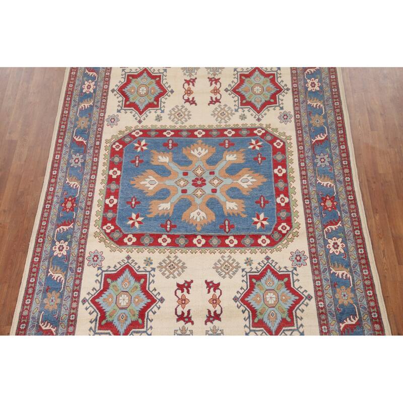 Hand Knotted Oriental 100% Wool Carpet Traditional Geometric Beige & Ivories Kazak Area Rug - 9' 11'' X 6' 8''