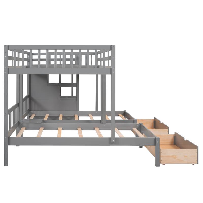 Space-Saving Full Over Twin & Twin Bunk Bed with Drawers and Guardrails, Gray