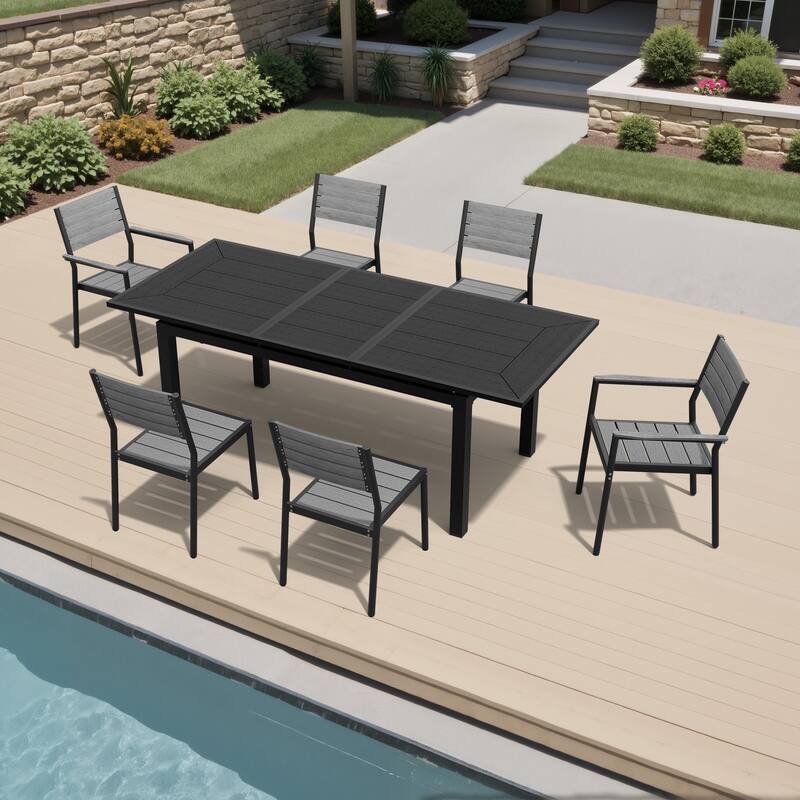 7-Piece Set Extendable Outdoor Aluminum Dining Table with Stackable Chairs