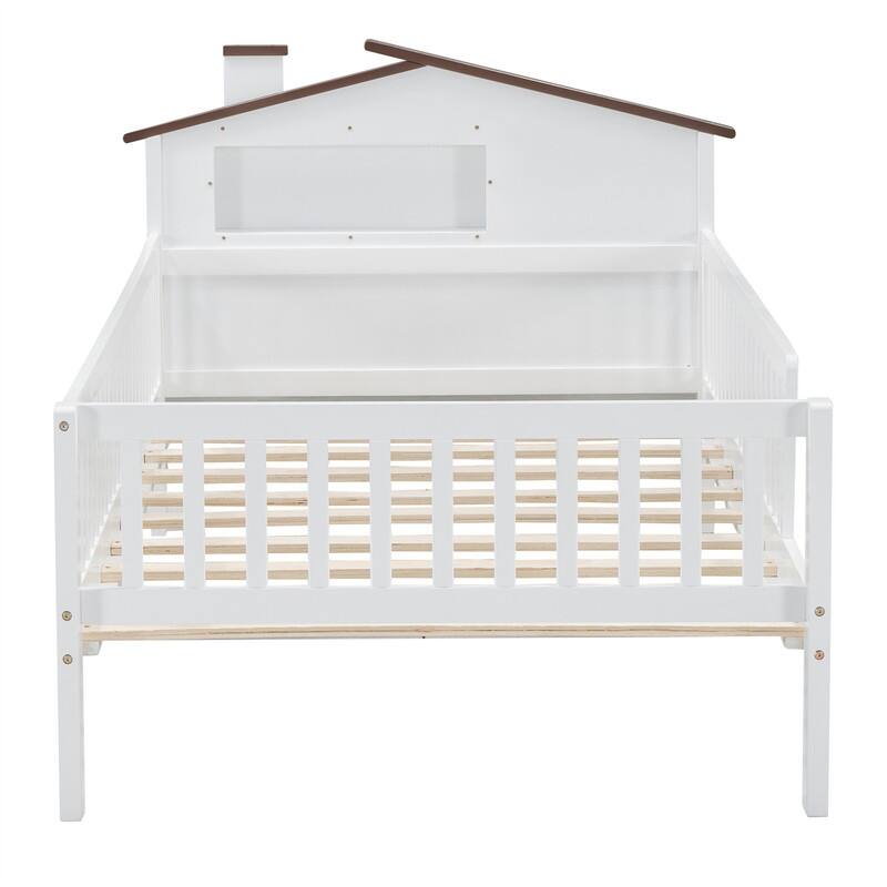 Twin/Full Size House Platform Bed with LED Light and Fence Guardrails, Wooden Kids Bed Frame with House Shaped Headboard