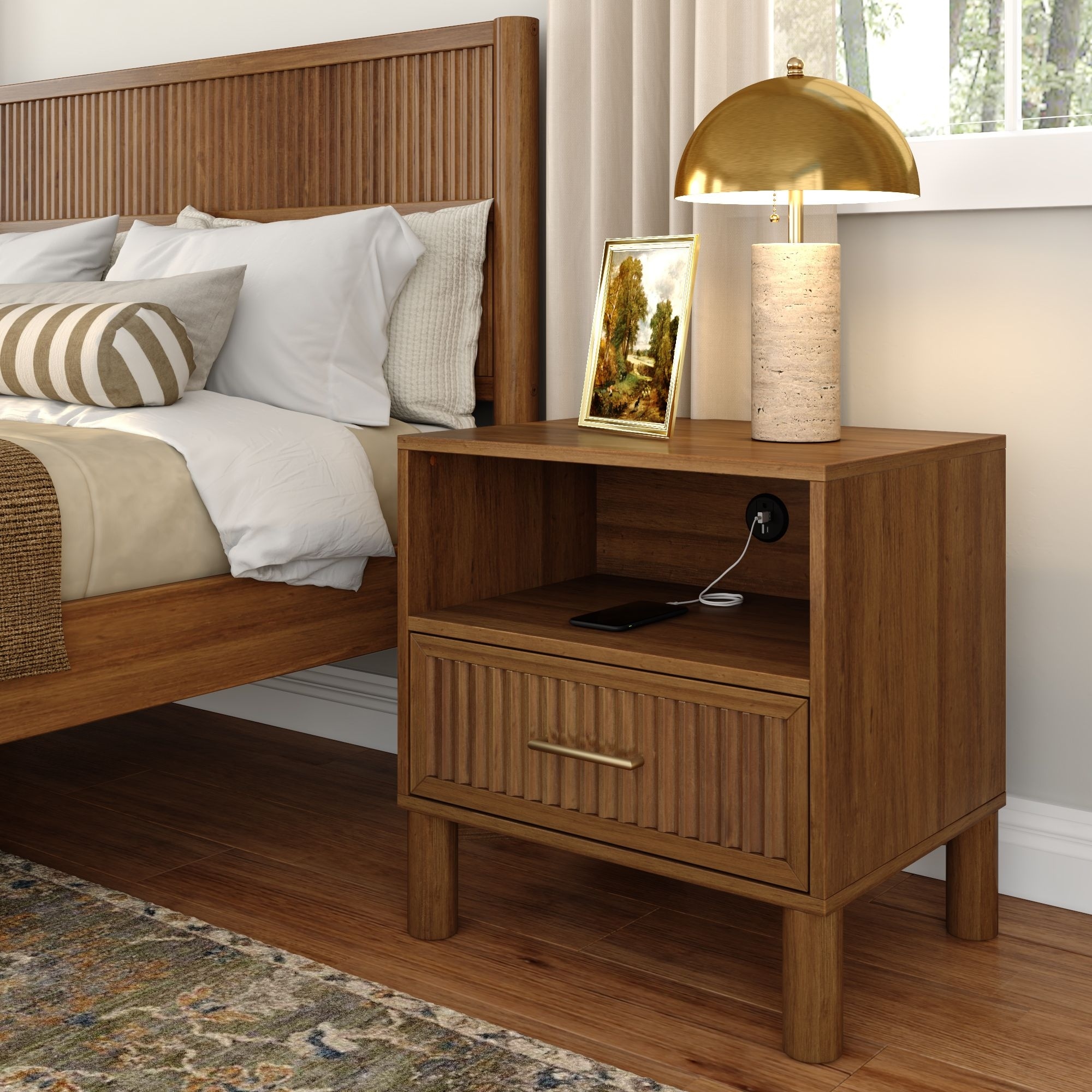 Plank+Beam Sera Fluted Cubby Nightstand with 1 Drawer and Charging Station