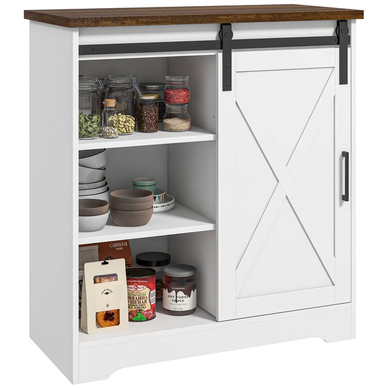 Farmhouse Coffee Bar Cabinet, 33" Buffet Sideboard with Sliding Barn Door and Adjustable Shelf, Kitchen Buffet Cabinet