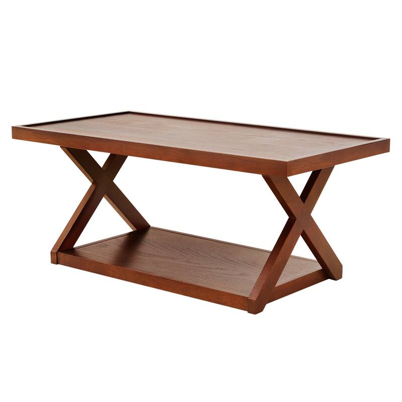 2-Tier Rectangular Solid Oak Wood Coffee Table with Cross Legs - 40.23"L x 21.17"W x 16.54"H