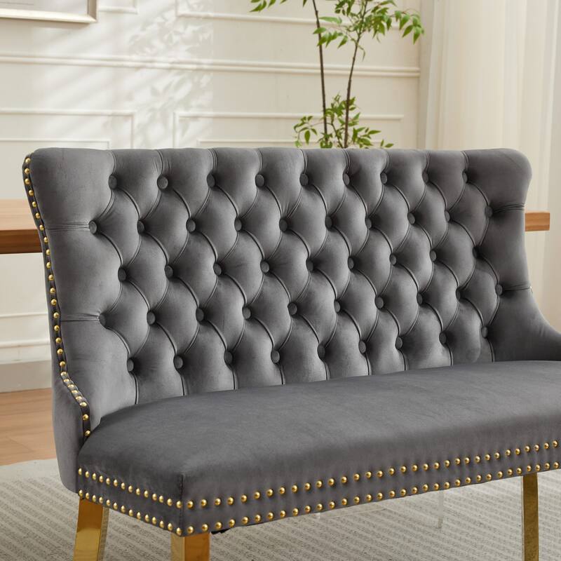 Roomfitters Upholstered Loveseat Bench with Nailhead Trim and Gold Legs, Modern High Back Settee for Dining Room