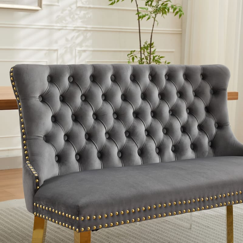 Velvet Double Dining Loveseat Bench, 2-Seat Tufted Bench w/Handmade Buttons, Wing Back, Gold-Plated Steel Legs,Single Pack