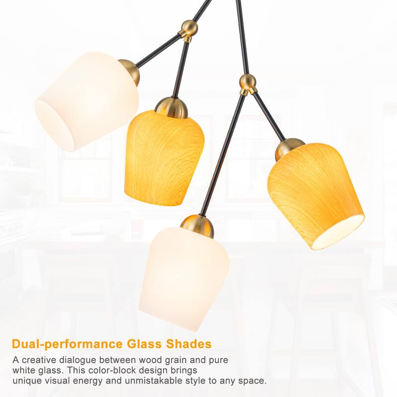 4-Light Black & Gold Y-Shaped Chandelier with Wood-Grain Glass Shades - Dia.22.83-in