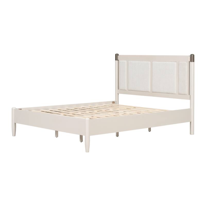 Modern Solid Wood Bed Frame Platform Bed with Central Textured Fabric Upholstered Headboard/Metal Handles/No Box Spring Needed
