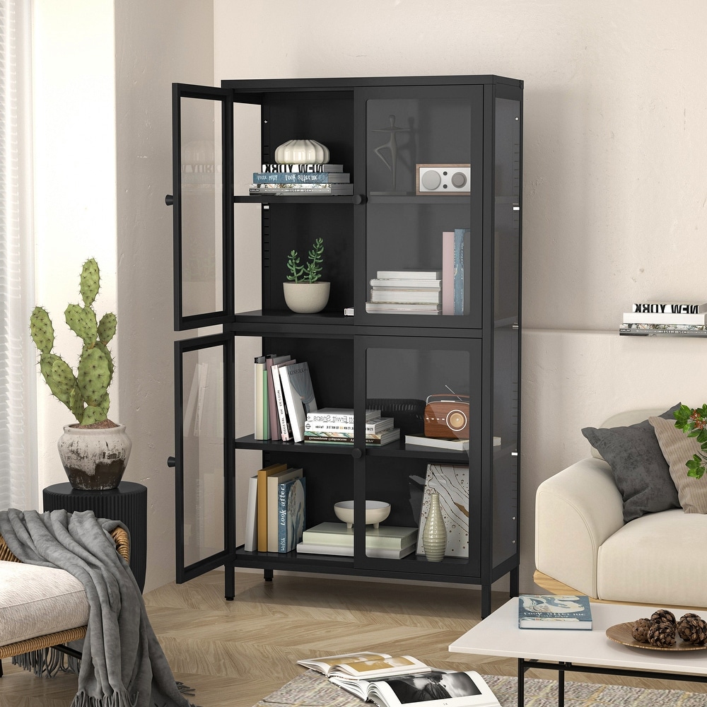 Black metal outlet and glass bookshelf