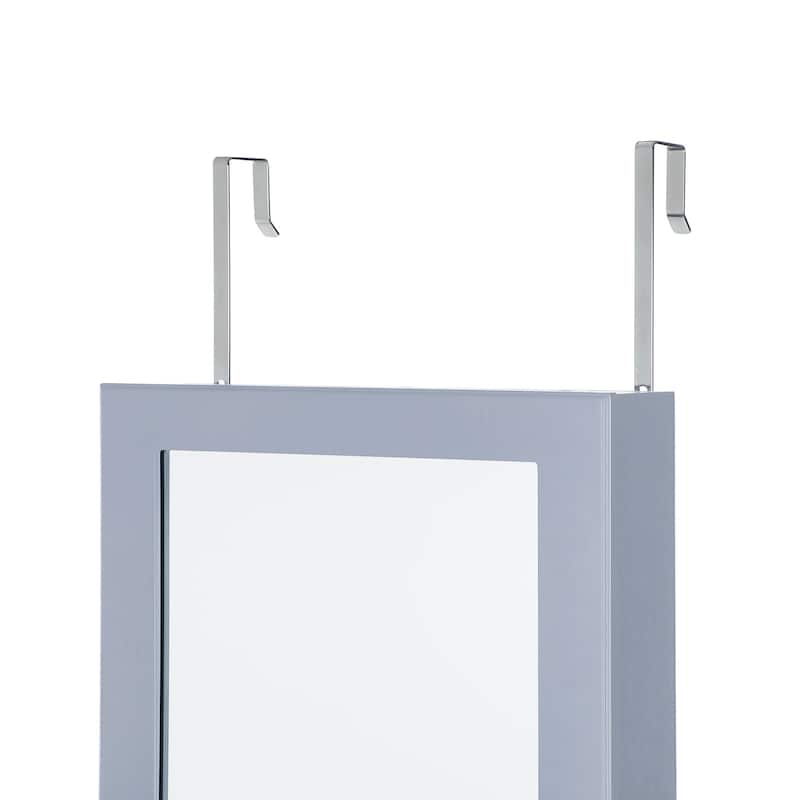 Grey Lockable Wall Door Mounted Jewelry Armoire with 6 LED Lights and Full-Length Mirror - 14.5"L x 3.9"W x 47.3"H